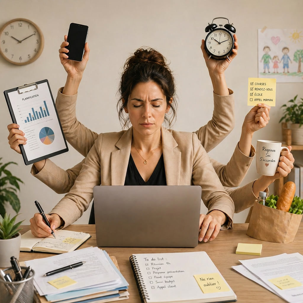 Illustration d'une femme Leader épuisée jonglant avec de multiples tâches