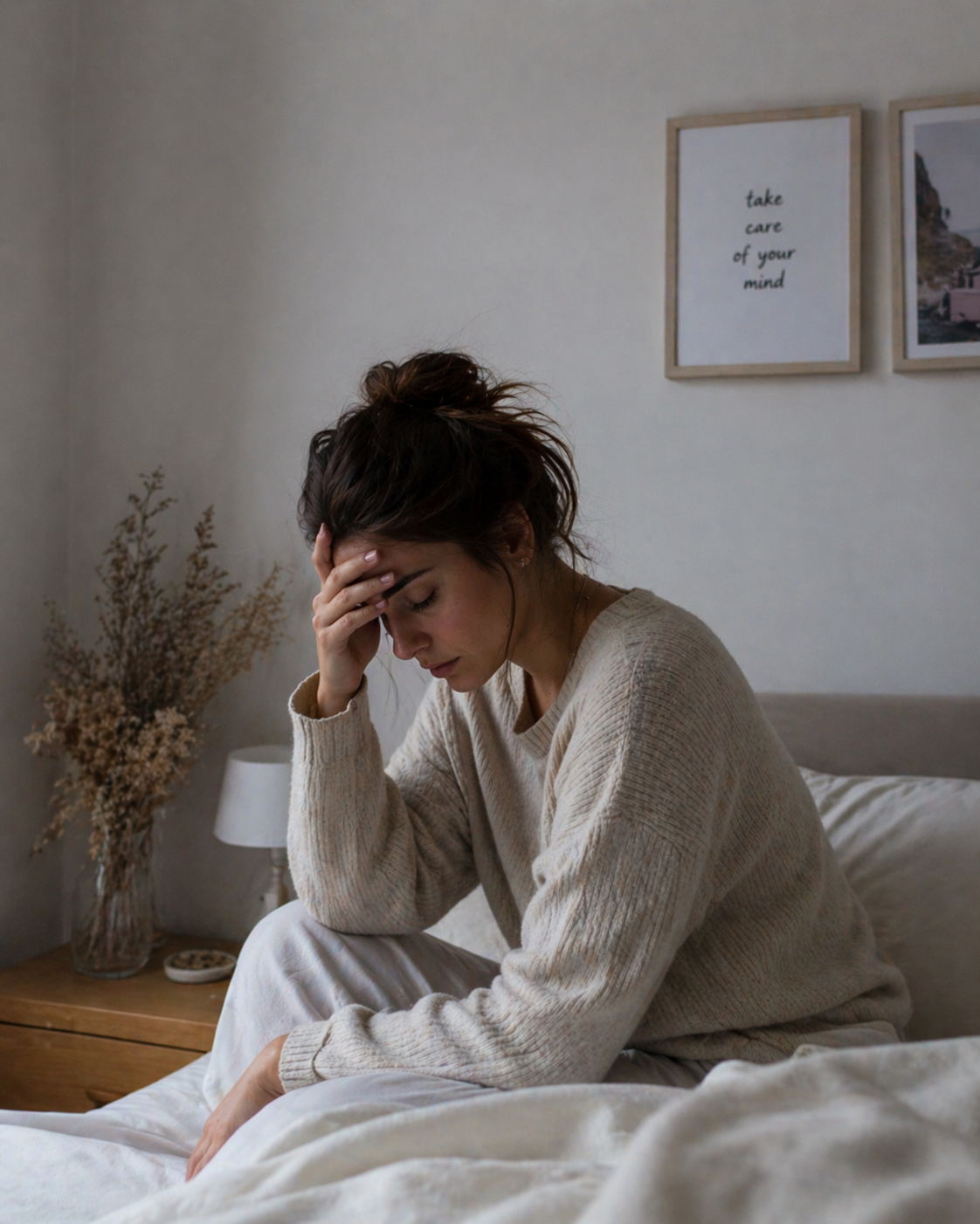 Femme assise sur son lit, fatiguée, la main posée sur le front